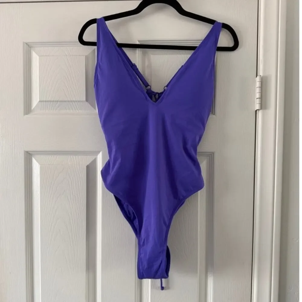 ta3 hi cut plungey one piece swim in purple, women size large / short